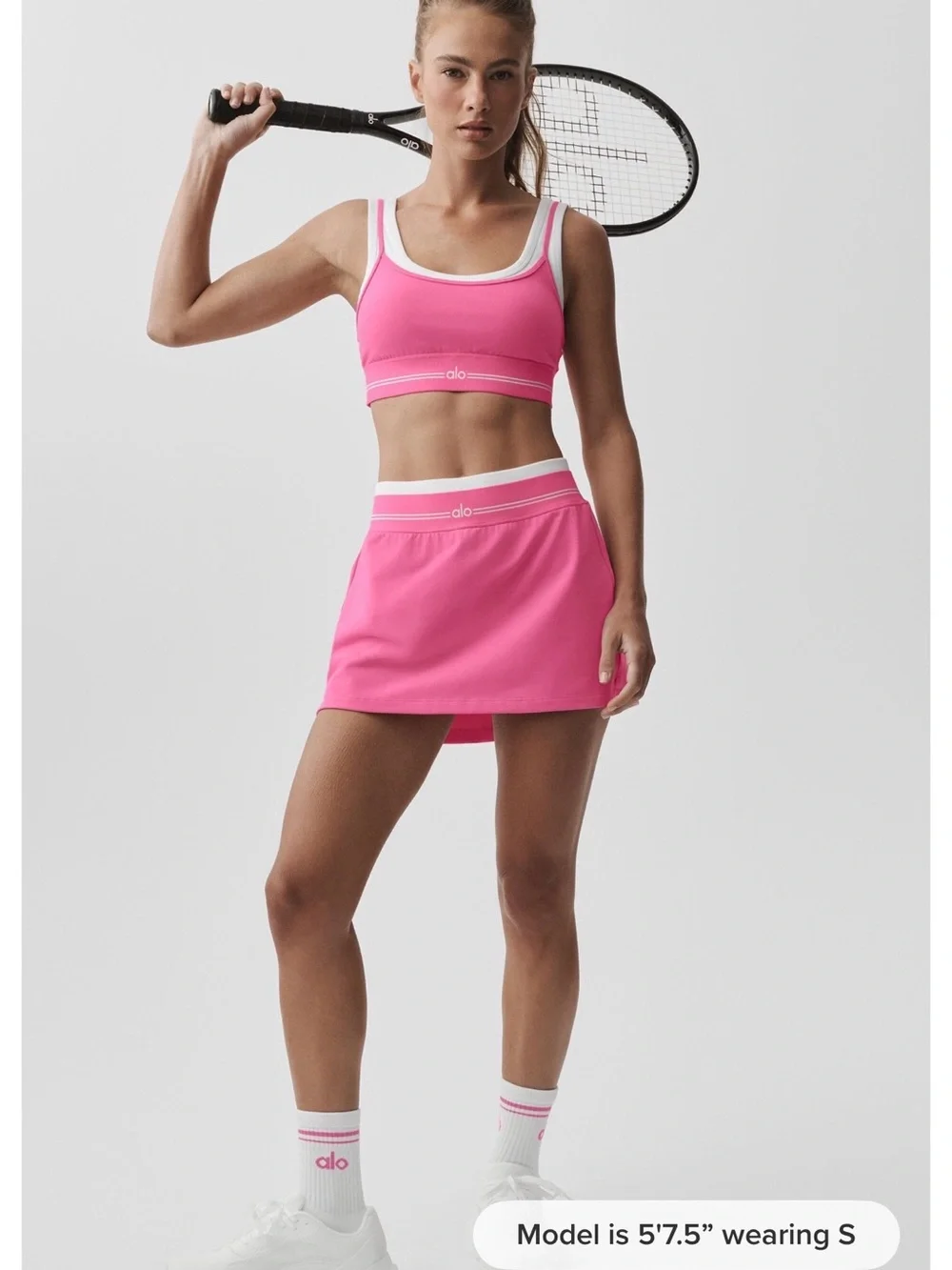 ALO Yoga Paradise Pink and White Scoop-Neck Sports Bra and Skirt!! Set